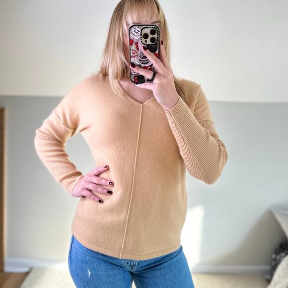 Soft Surroundings:  Tan Cashmere V-Neck Sweater - Picture 2 of 9
